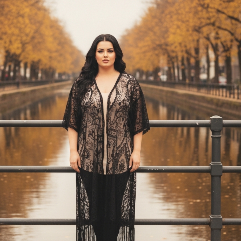 Long Black Whimsigoth Witchcore Lace/Fringe Kimono